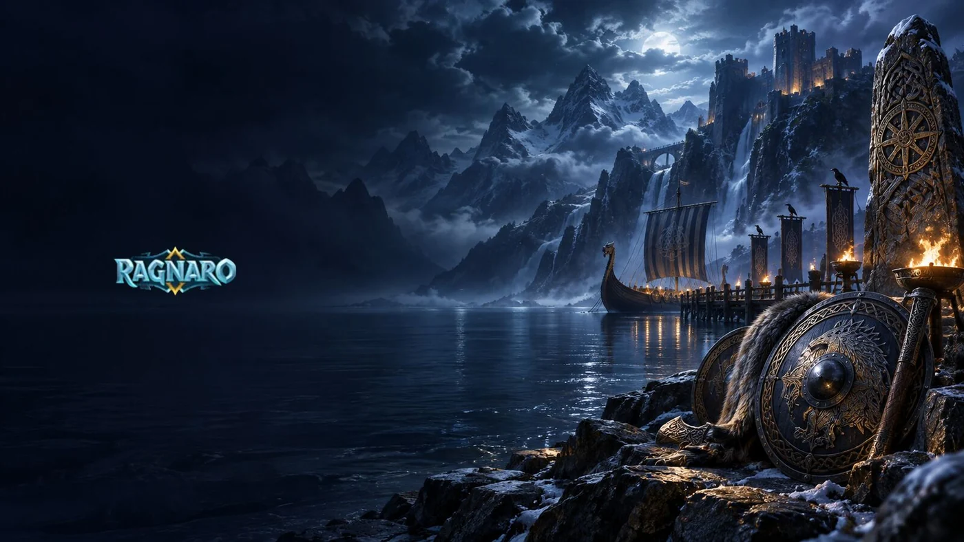 Ragnaro Casino — nocny fiord, łódź wikingów i tarcze w blasku pochodni